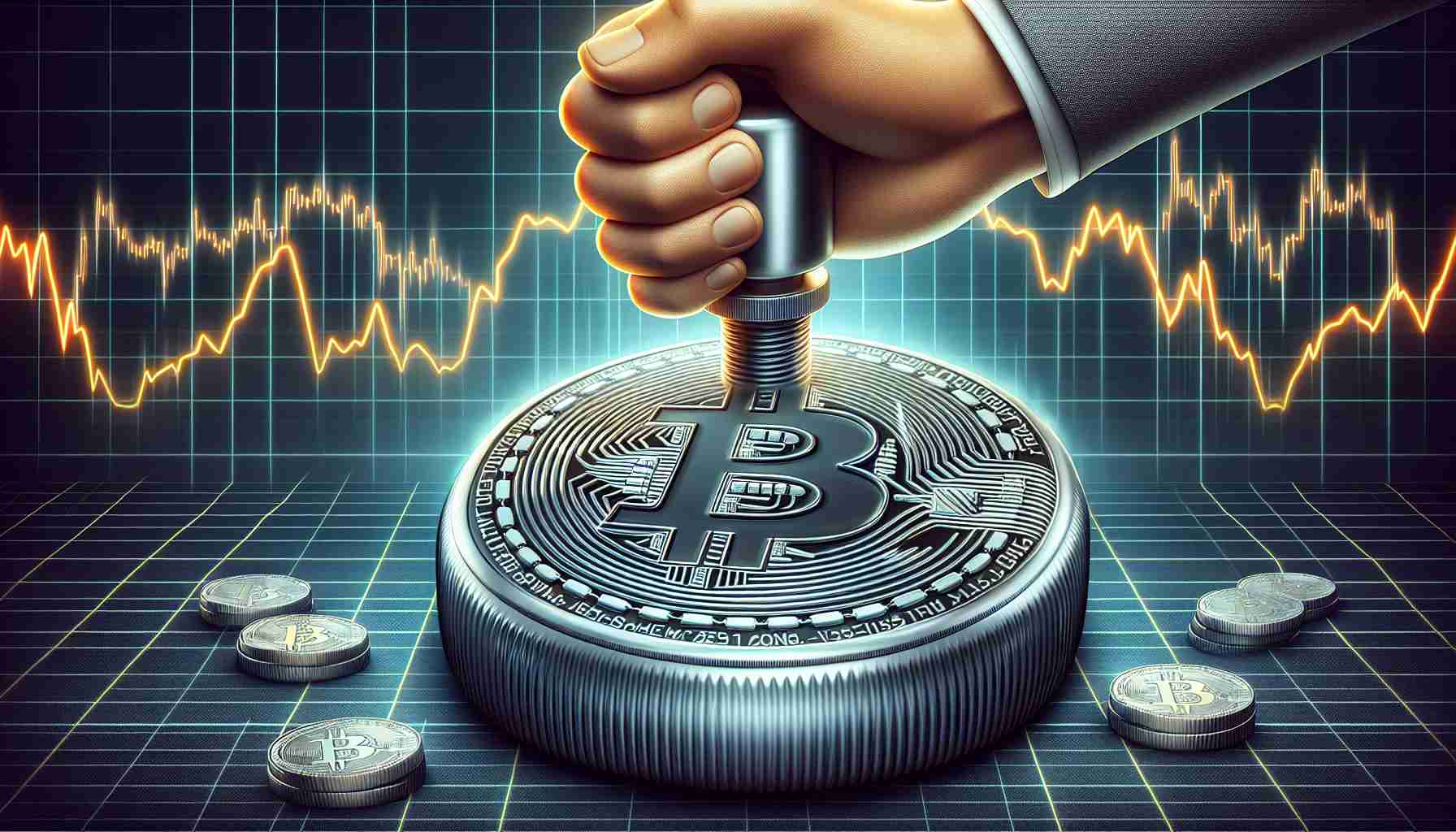 Realistic high-definition image featuring a symbolic representation of Bitcoin as a physical coin with pressure being applied from above, indicating a market correction or downtrend. The background involves fluctuating chart lines, indicating the volatility of the cryptocurrency market.