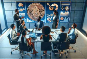 High-definition realistic image of a group of cryptocurrency enthusiasts having a discussion about a new Tax Proposal by the IRS. The meeting takes place in a modern office setting with a large monitor displaying digital finance graphics and charts in the background. The individuals in the group are equally diverse in descent - comprising of a Black man, a Hispanic woman, a Caucasian woman, and a Middle-Eastern man, all engaging actively in the discussion.