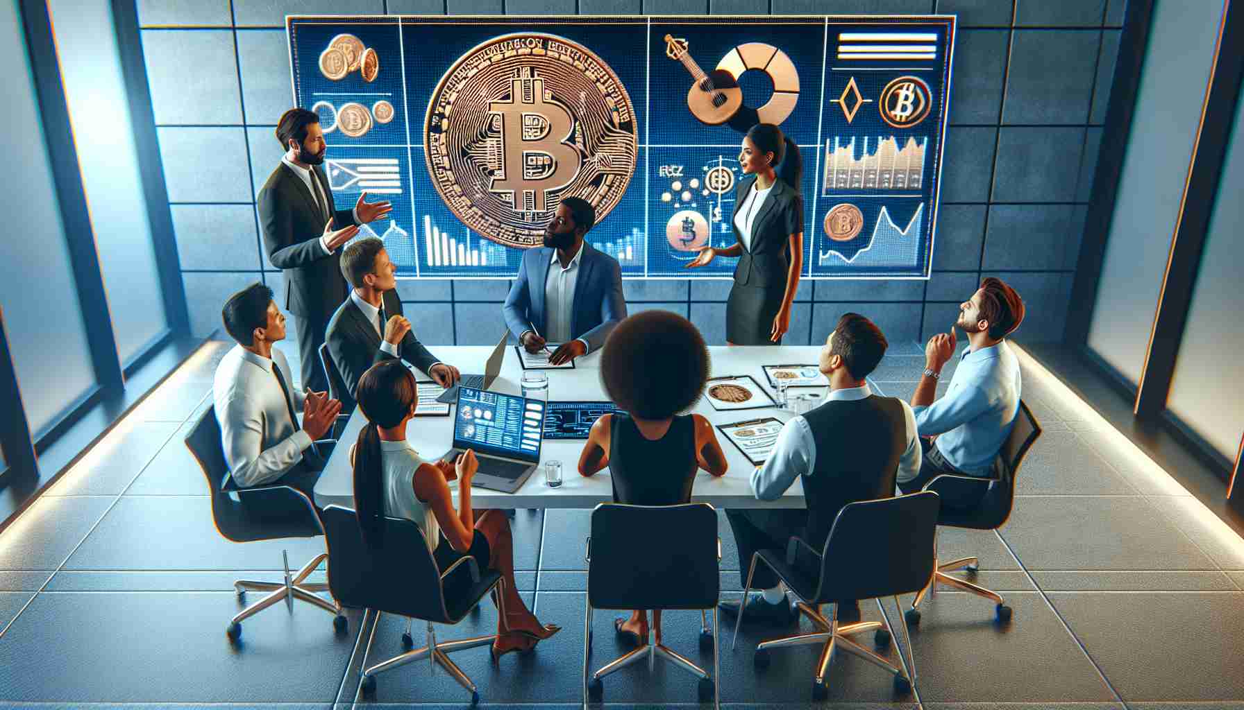 High-definition realistic image of a group of cryptocurrency enthusiasts having a discussion about a new Tax Proposal by the IRS. The meeting takes place in a modern office setting with a large monitor displaying digital finance graphics and charts in the background. The individuals in the group are equally diverse in descent - comprising of a Black man, a Hispanic woman, a Caucasian woman, and a Middle-Eastern man, all engaging actively in the discussion.