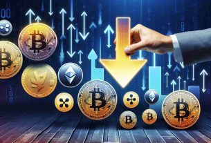 Generate a high-definition realistic image of major cryptocurrency symbols like Bitcoin, Etherium, and Ripple, arranged in a downward stage formation. On one side of the image, show a graphic representation of a hand releasing a Bitcoin, symbolising reduction in holdings.