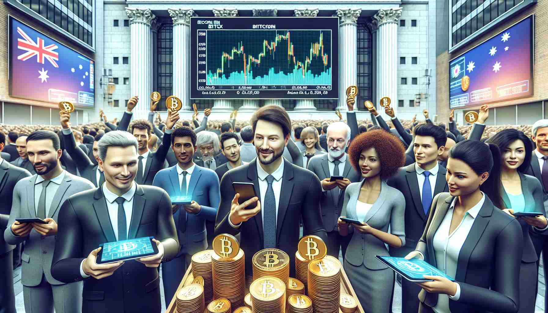 Render a realistic, high-definition image showcasing the inaugural exchange-traded fund (ETF) for Bitcoin being welcomed by investors in Australia. The scene should take place in the vicinity of the Australian Securities Exchange (ASX), with various investors, both male and female of diverse descents such as Hispanic, Middle-Eastern, and Caucasian. They should seem enthusiastic, holding digital devices showcasing Bitcoin symbols, price graphs, and relevant data.