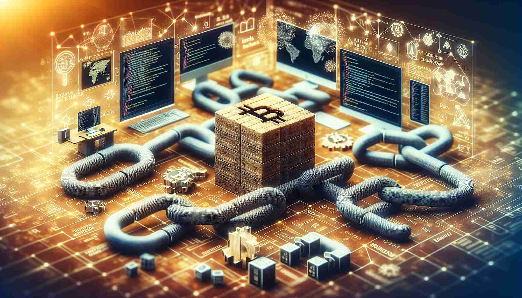 Create a high-definition, realistic image that represents the concept of blockchain beyond its use in cryptocurrency. This can include elements like chains of blocks, computers, coding scripts, complex algorithms, digital networks and any other elements associated with the blockchain technology.