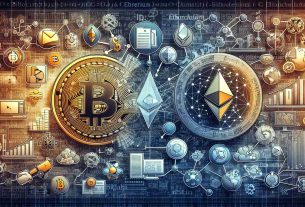 Create a HD quality image portraying the symbolic representation of Bitcoin and Ethereum as primary aspects of the mainstream adoption of Blockchain technology. The image should vividly illustrate these two cryptocurrencies at the forefront, surrounded by icons and artworks that represent the evolution and advancement of the Blockchain landscape. The background could be a technological blueprint with patterns of mathematical data, coding languages, and different Blockchain life cycle stages.