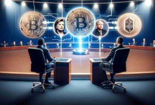 Highly detailed realistic visualization of heightened anticipation for discussing digital currencies in a public debate by two notable figures. The main focus is on specific crypto tokens viewed on a digital screen. Please avoid any specific references to real people or politicians.