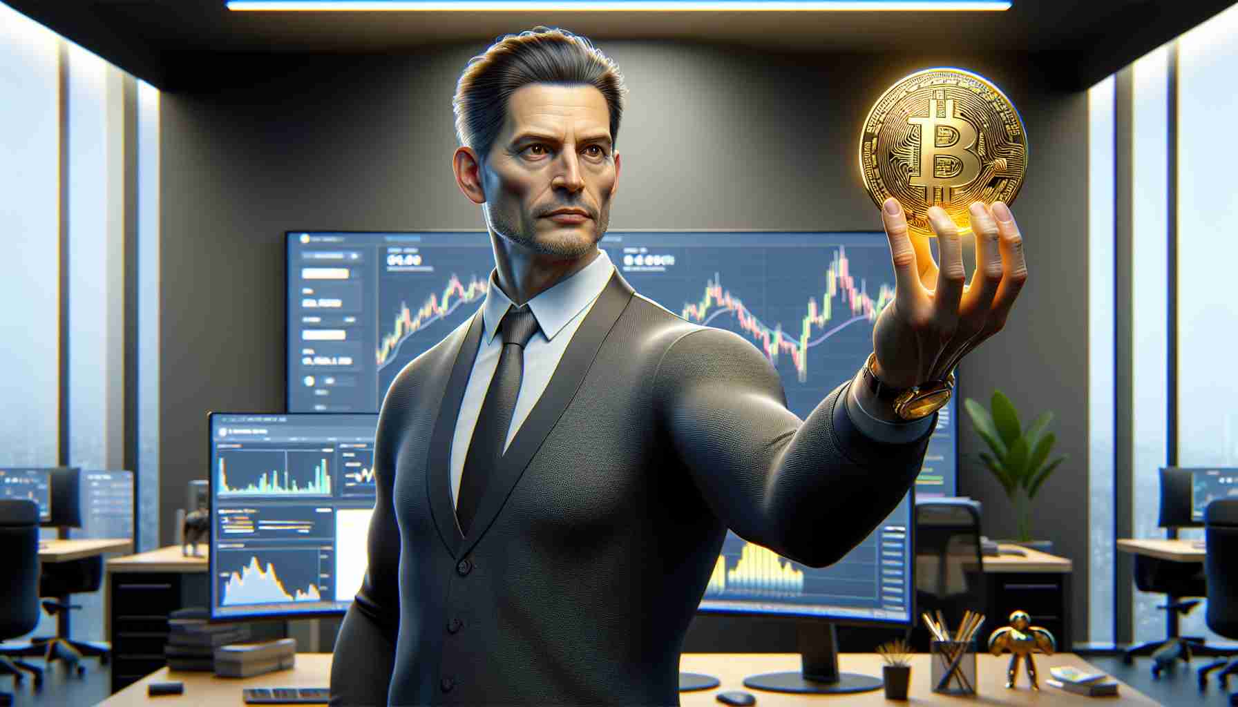 An extremely detailed and realistic high definition portrayal of a mature man, of Caucasian descent, with short dark hair, a lean physique, and a confident expression. He is holding a golden symbolic representation of Bitcoin in his hand, symbolizing its monumental potential. The man is depicted in a modern office setting which includes technology-driven accessories, such as desktops and digital screens displaying cryptocurrency graphs.