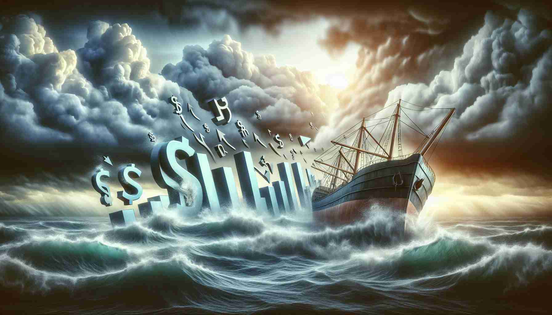 High-definition, realistic image visualizing the concept of a market in turmoil, embodied through symbolic icons of market trends showing a downtrend, against the backdrop of a clouded turbulent sky, with the name 'Solana' depicted as a stumbling giant-sized ship, facing choppy waters and stormy weather, signifying the setbacks it is going through.