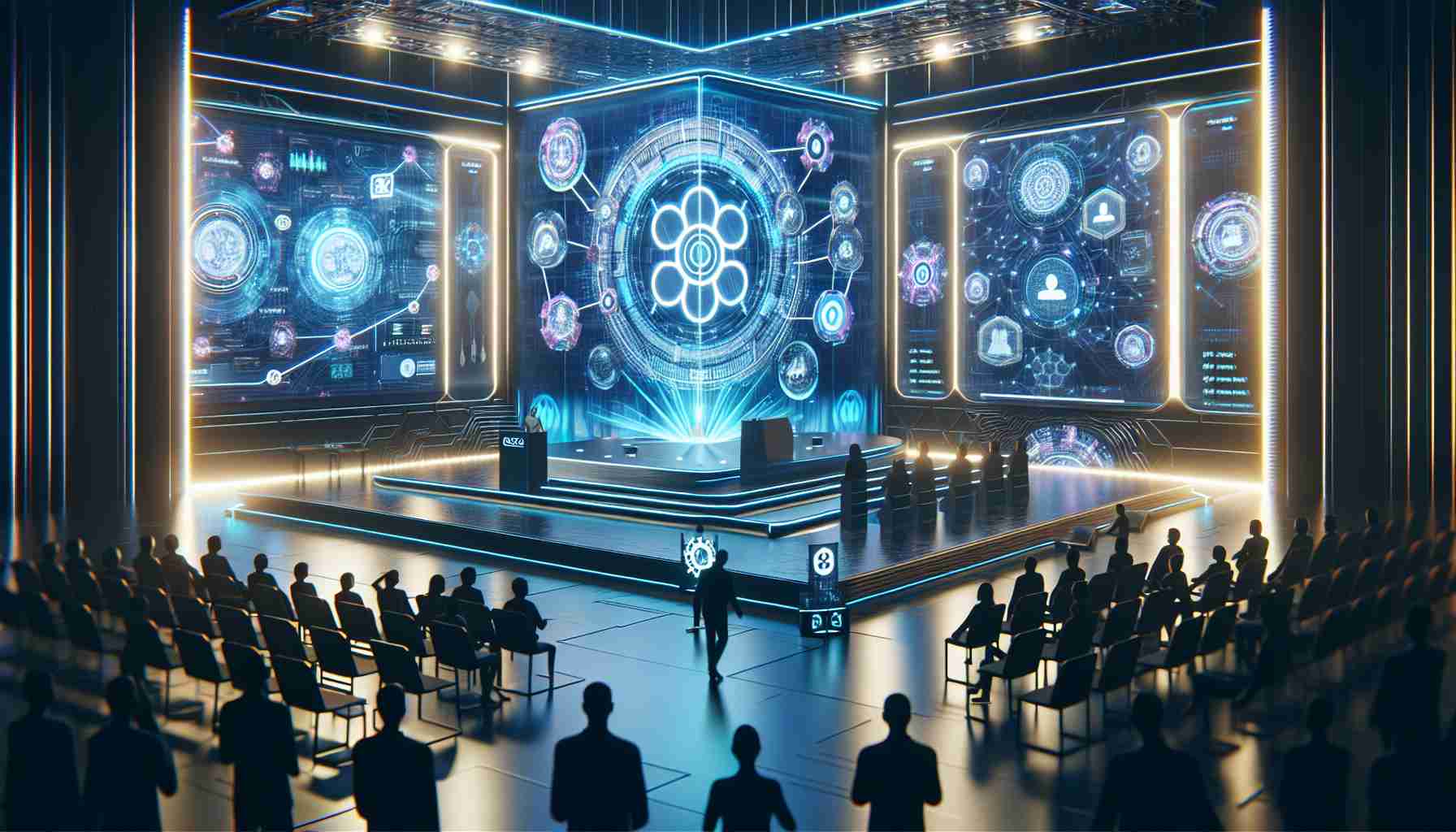 Imaginary situation portraying the unveiling of the new era of live Blockchain interactions. Portray a futuristic conference stage with a grand presentation screen displaying complex blockchain diagrams. Show silhouettes of people attentively watching the presentation. In the foreground, a stand representing Solchat, with various tech devices displaying live data. Physical details like gleaming metallic surfaces, neon lights, and abstract digital elements will provide a high-definition, futuristic feel. Please do not portray any recognizable logo or trademark.