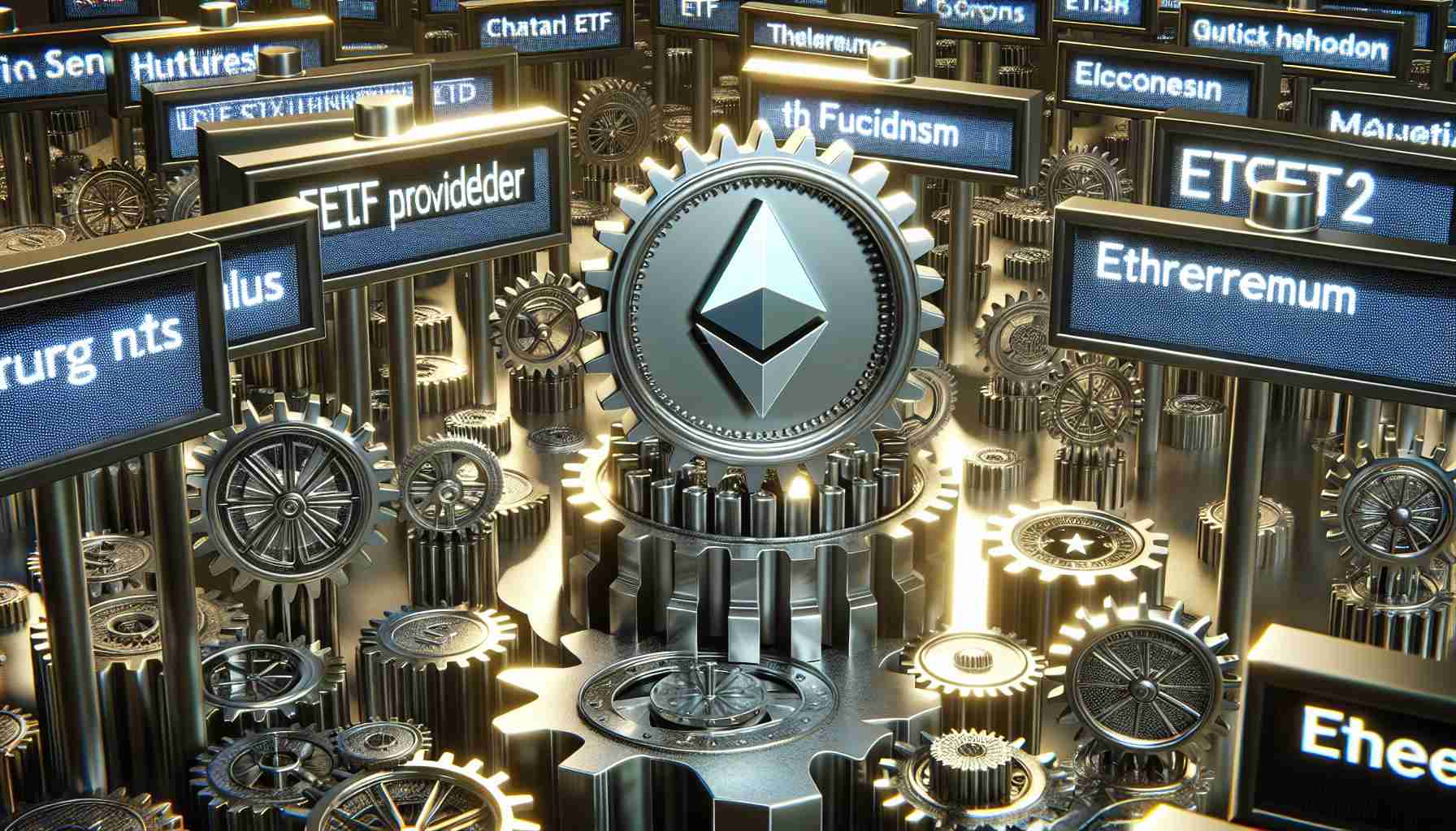 Realistic high-definition image of metaphorical gears that signify Ethereum Market amidst signs displaying ETF Provider names. The metallic gears are intricately designed to represent the complex and dynamic nature of the Ethereum market, some gears being larger, symbolizing major players, while others are smaller, representing emerging competitors. The surrounding space is dominated by digital screens that flash names and logos of various ETF Providers, further highlighting the competitive atmosphere.