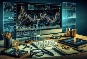 A high-definition, realistic image presenting the analysis of Bitcoin's market movements and key price levels. The image includes a computer screen showcasing a Bitcoin trading chart with fluctuating price levels. Various supporting elements such as trend lines, candlestick figures, and trading volume bars are displayed on the chart. Include additional analytical tools like calculators, glasses, and notepad on the table. Please, incorporate symbols of Bitcoin; golden coins with the Bitcoin logo may be placed next to the computer.