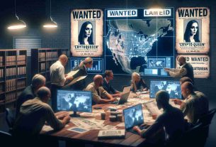 Create a realistic HD image representing the heightened efforts by U.S. authorities in the search for a well-dressed, elusive female figure known as a 'Cryptoqueen'. The scene should depict behind-the-scenes law enforcement activities, with officers huddled around maps and computer screens, analyzing data and discussing strategies. The 'Cryptoqueen' herself should not be present in the scene, but her presence should be implied through the wanted posters and digital profiles displayed.