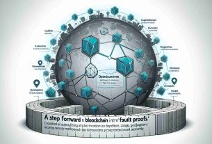 An image of a conceptual illustration of a step forward in Blockchain security. This depicts 'Optimism' introducing 'Fault Proofs'. Visualize a secure and innovative blockchain, represented by interconnected blocks, highlighting a step towards a stage titled 'Fault Proofs'. Geolocation ranges are depicted with robust security indicators around borders, demonstrating the enhanced security methodology. Include the caption 'A Step Forward in Blockchain Security: Optimism Introduces Fault Proofs' in clear, professional typography at the bottom.