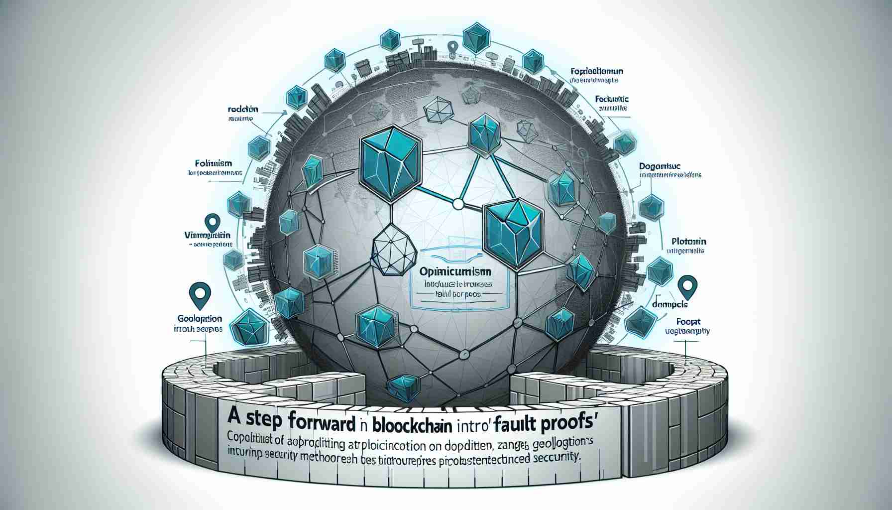 An image of a conceptual illustration of a step forward in Blockchain security. This depicts 'Optimism' introducing 'Fault Proofs'. Visualize a secure and innovative blockchain, represented by interconnected blocks, highlighting a step towards a stage titled 'Fault Proofs'. Geolocation ranges are depicted with robust security indicators around borders, demonstrating the enhanced security methodology. Include the caption 'A Step Forward in Blockchain Security: Optimism Introduces Fault Proofs' in clear, professional typography at the bottom.