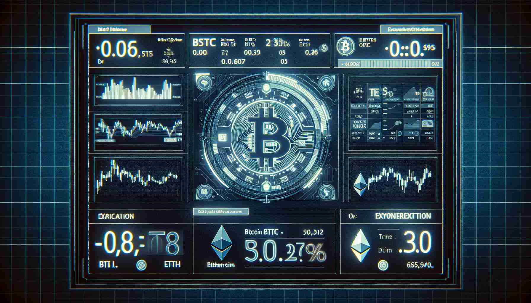 Generate a detailed and realistic high-definition image of a digital display screen. The screen should depict financial data with a focus on cryptocurrency. The predominant indicators are for Bitcoin (BTC) and Ethereum (ETH) options. Furthermore, a significant alert message is prominently featured on the display, announcing that these major BTC and ETH options are set for expiration.