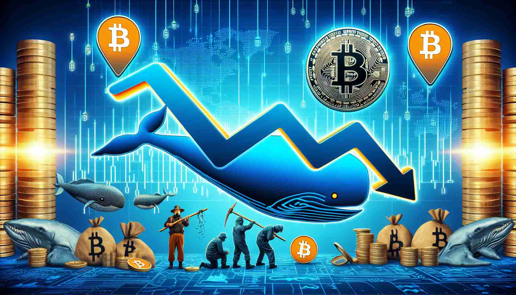 A high-definition image representing the concept of Downward Price Pressure on Bitcoin, wherein Miners and Whales are selling off their assets. Include symbols such as Bitcoin logos, graphs showing a downward trend, and icons representing Miners and Whales in the context of cryptocurrency.