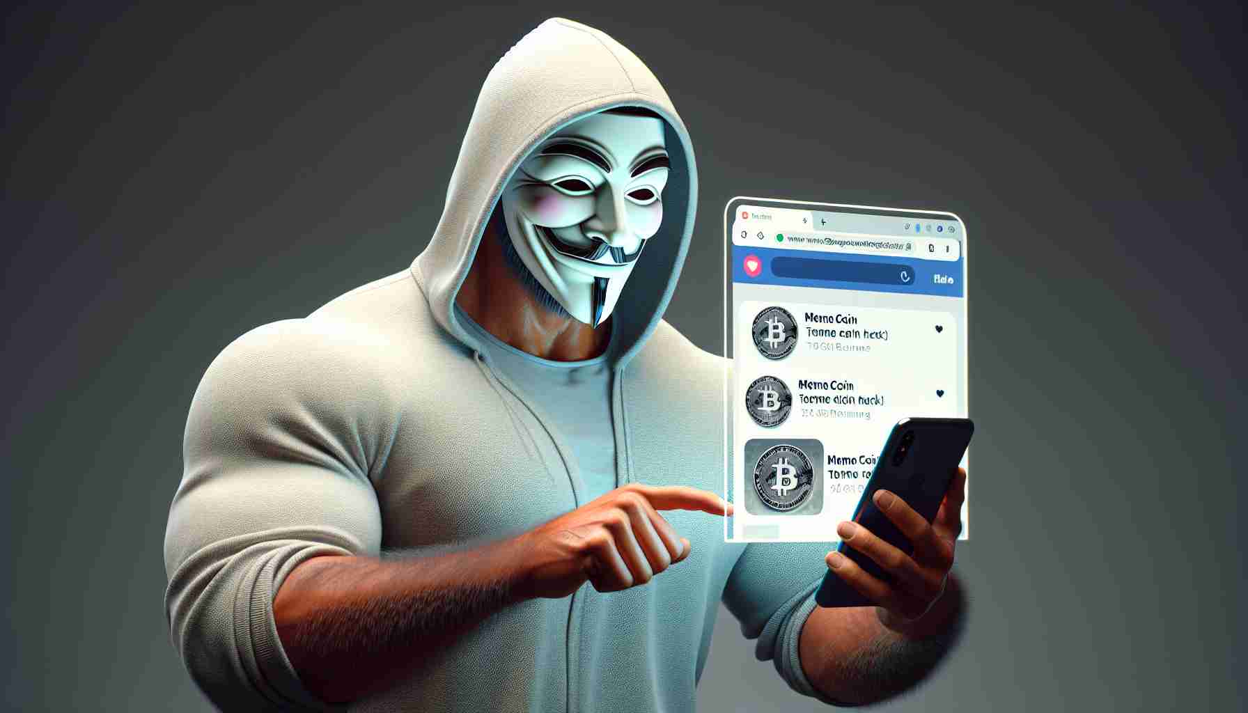 A high-definition, realistic image of an anonymous muscular man, with a clean-shaven head and wearing a casual outfit, who is targeted in a digital currency scam via a social media hack. The scenario portrays a meme coin scheme unfolding on a simulated version of a popular social networking site.