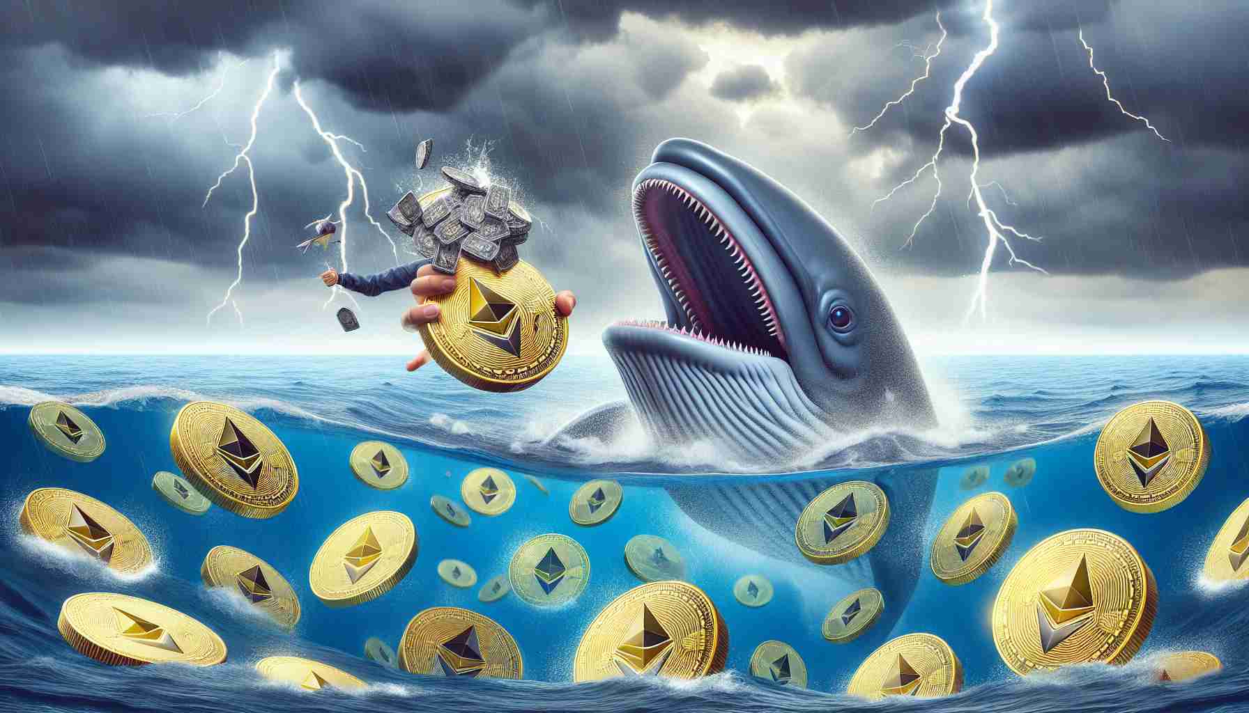 A realistic high-definition illustration of a financial scenario involving the Ethereum cryptocurrency. It captures the moment when big investors, metaphorically represented as giant whales, are scooping up millions of Ethereum tokens (depicted as shining coins with the ETH logo), amidst a backdrop of a storm representing market uncertainty. The storm has dark clouds, flashing lightning, and turbulent waters, subtly indicating the volatility of the cryptocurrency market.