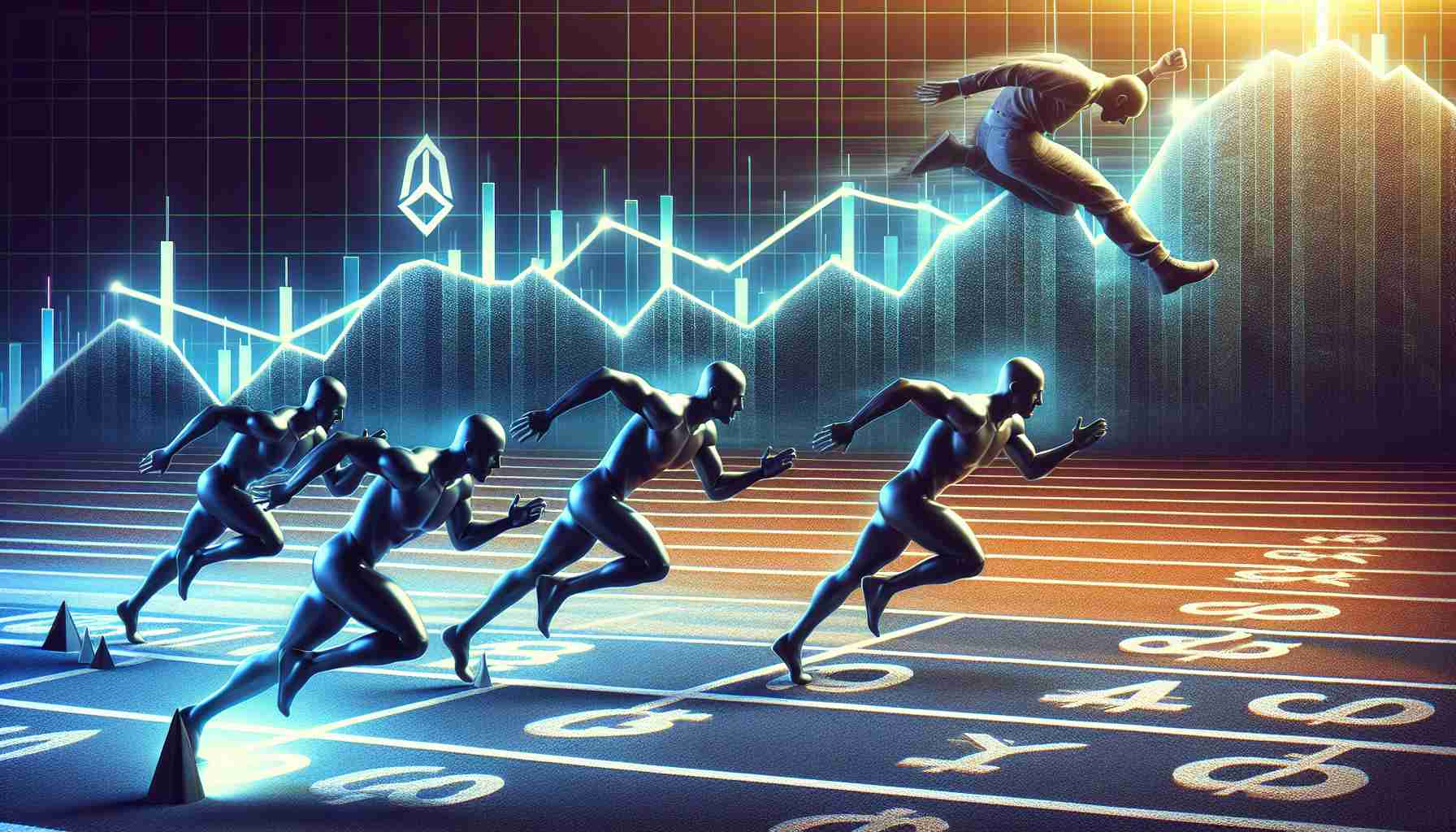 Create a realistic high-definition image that visually represents the concept of '5thScape' gaining traction in a metaphorical race, while 'dYdX' appears to be struggling. This race is taking place on a track that is stylized to look like a cryptocurrency market graph with peaks and valleys.