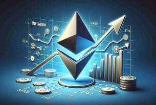 Create a realistic, high-definition depiction of the inflationary shift in Ethereum’s economy. The artists should illustrate this abstract concept in a tangible way, possibly by showing a large Ethereum logo in the center, with arrows showing the past, present, and projected economies. Include symbols such as rising lines, bar graphs, and coins to represents the varying inflations over time.