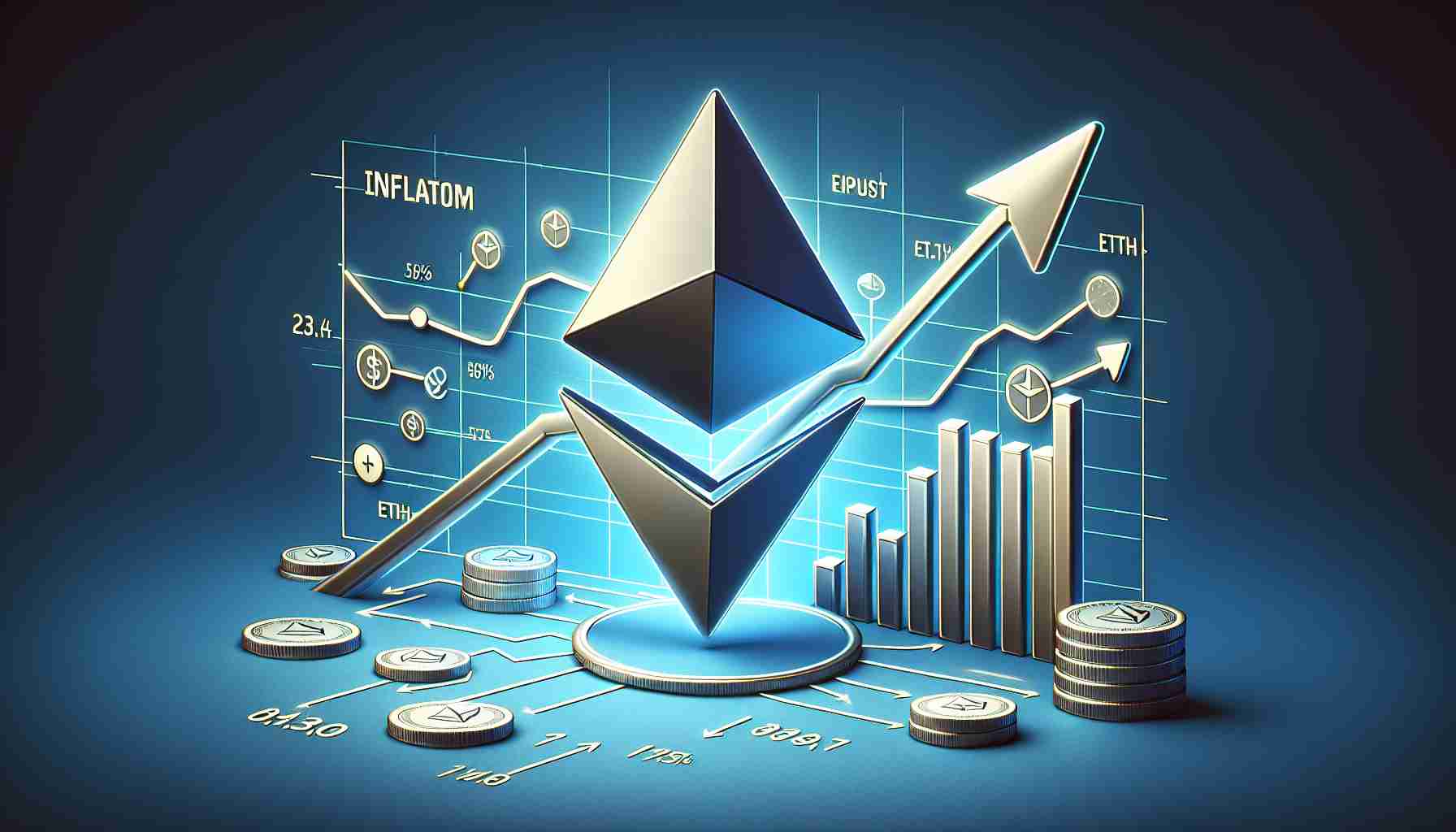 Create a realistic, high-definition depiction of the inflationary shift in Ethereum’s economy. The artists should illustrate this abstract concept in a tangible way, possibly by showing a large Ethereum logo in the center, with arrows showing the past, present, and projected economies. Include symbols such as rising lines, bar graphs, and coins to represents the varying inflations over time.