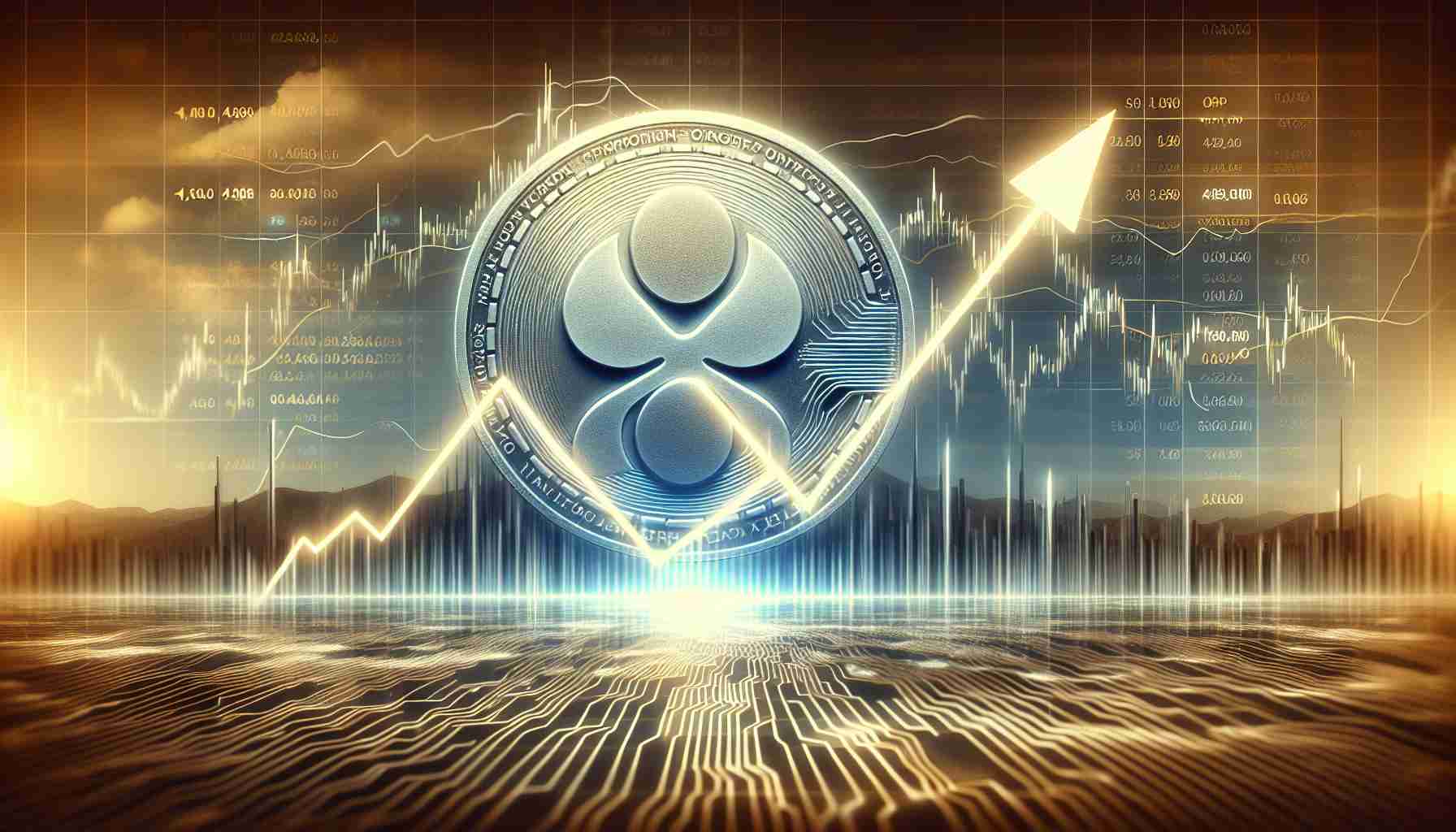 A realistic, high-definition image representing the prospective uptrend of the cryptocurrency XRP, shown as a line graph steadily moving upwards against a background of market uncertainties, represented by fluctuating other lines and numbers.