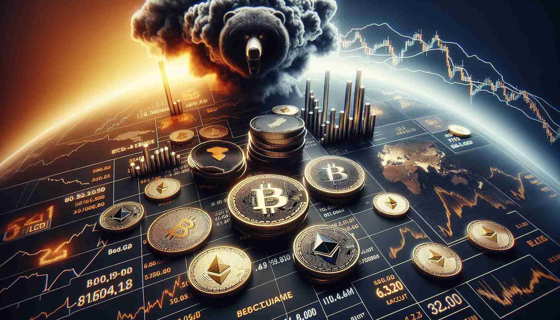 Create a realistic HD image representing the concept of the cryptocurrency market in anticipation of influential economic events. The image should feature a symbolic representation of various cryptocurrencies like Bitcoin and Ethereum, perhaps coins representing these, against a backdrop hinting at forthcoming critical economic situations. These could be shown as dark clouds - signifying a bearish market, or sunshine, signifying a bullish one. Digital charts and graphs showing market fluctuations may also appear. Remember, the objective is to express anticipation, as if the market is awaiting influential economic occurrences.