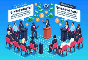 Generate a realistic HD photo of a debate scenario centered around blockchain technology in Nigeria. The two sides of the debate are 'Genuine Potential' arguing for the true capabilities and benefits of blockchain versus 'Get-Rich-Quick Crypto' which represents the skeptical side viewing it as a quick monetary gain scheme. Each side should consist of a diverse group of people, representing different genders and descents such as an Asian female, black male, Caucasian male and Hispanic female.