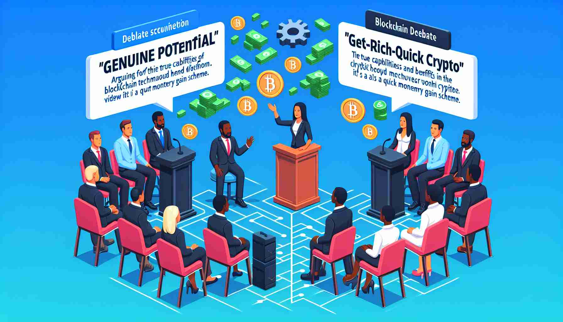 Generate a realistic HD photo of a debate scenario centered around blockchain technology in Nigeria. The two sides of the debate are 'Genuine Potential' arguing for the true capabilities and benefits of blockchain versus 'Get-Rich-Quick Crypto' which represents the skeptical side viewing it as a quick monetary gain scheme. Each side should consist of a diverse group of people, representing different genders and descents such as an Asian female, black male, Caucasian male and Hispanic female.