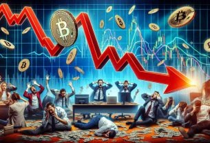 A high-definition representation of a drastic fall in Bitcoin value causing immense liquidations in the cryptocurrency market. Visualize the trending chart showing a sharp downward curve (symbolizing Bitcoin's value), coupled with images of stressed traders, overflowing sell orders, and panicked market atmosphere. Please avoid displaying identifiable logos or symbols relating to specific cryptocurrencies.