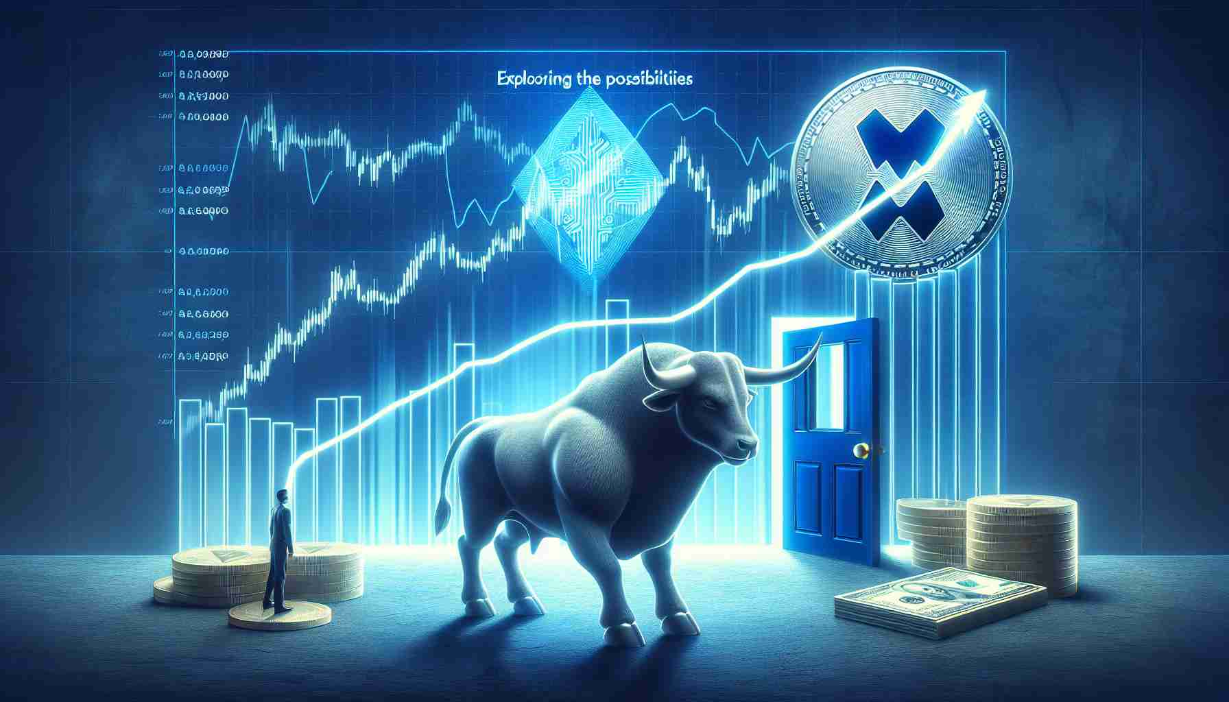 Create a realistic high-definition visual representation of the concept, 'Exploring the Possibilities: XRP's Growth Potential Without SEC Woes'. This should include symbolic elements such as a rising graph or chart indicating growth, a calm and confident bull representing bullish market conditions, and perhaps an open door or clear path illustrating the absence of regulatory issues.