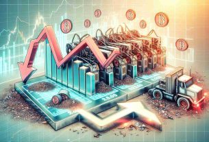 Generate a highly detailed and realistic image that depicts the concept of the downturn in Bitcoin mining and its impact on market dynamics. The visual representation may include an illustration of mining equipment being inactive or discarded, a clear bar chart or line graph showing a negative trend in Bitcoin mining, and symbols or icons indicating change in the market, such as descending arrows or stock exchange numbers in red.