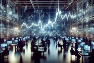 Generate a realistic, high-definition image portraying the dynamic fluctuations in the cryptocurrency market. The focus should be on a large screen in the background displaying a complex graph with ups and downs, signifying the volatility of digital currencies. The surrounding area may look like a high-tech trading floor filled with multiple ambiguous silhouettes of people analyzing data. Ensure the overall vibe is intense and suspenseful due to market uncertainty, but also full of technology and sophistication to reflect the modern digitally-led economy.