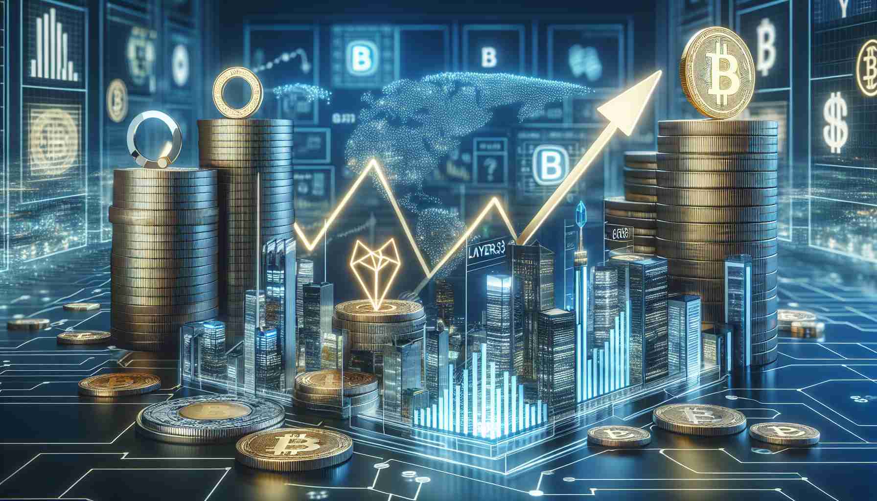 A realistic and high-definition image that represents the concept of a successful multimillion-dollar investment towards a tech-based company named Layer3, with the aim of expanding solutions for engagement in the cryptocurrency market. The image should display symbols such as stacks of coins to denote wealth and a symbolic growth chart showing upward projection, reflecting the expansion of the venture. Also, include imagery related to cryptocurrency like the Bitcoin symbol. Visual elements should be combined to create a narrative demonstrating growth in the tech and crypto sectors.