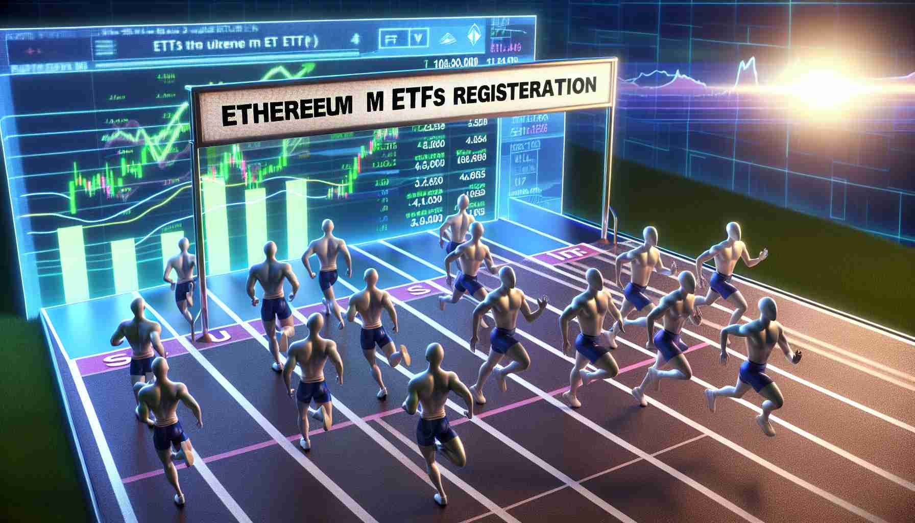 A realistic high-definition image depicting the concept of Ethereum ETFs inching towards reality. The image could include a visual metaphor such as a race track with several 'runners' symbolizing major firms, reaching out to the finish line labeled with 'Ethereum ETF registrations'. In the background, there could be a digital screen displaying positive financial charts, symbolizing the rising popularity and potential profitability of Ethereum ETFs.