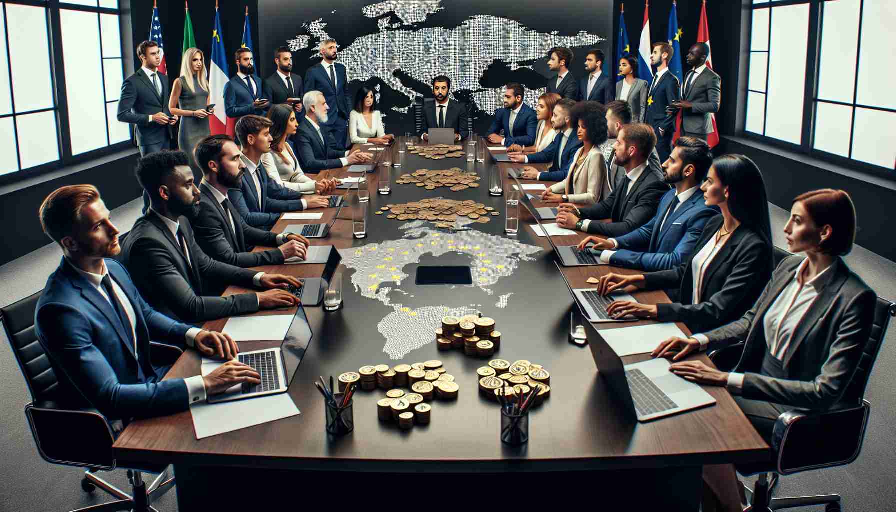 A high-definition photo portraying a meeting room filled with cryptocurrency advocates respecting their prominent roles within the European political landscape. The scene includes a diverse range of individuals: Black, White, Hispanic, Middle-Eastern, and South Asian men and women, all dressed in professional attire and engaged in serious discussion. On the table, various laptops and documents related to digital currencies are visible. The backdrop displays a large map of Europe, symbolizing their political context.