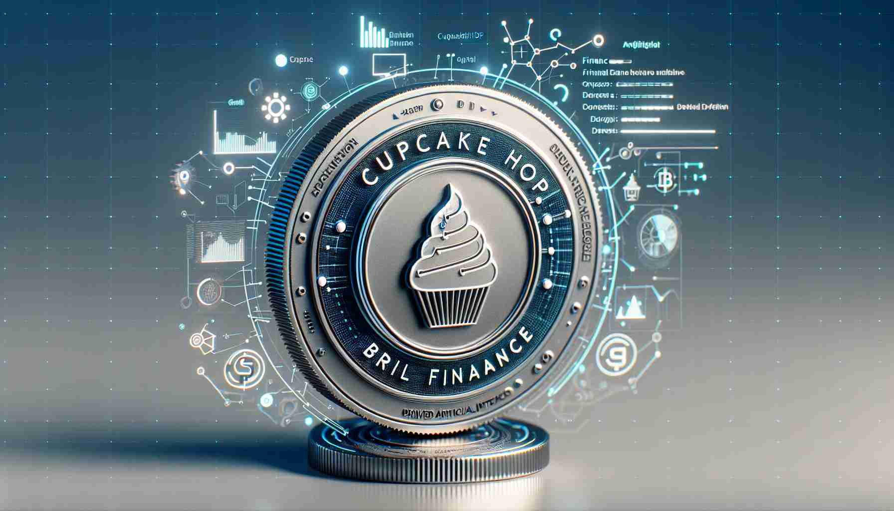 A realistic, high-definition image representing a finance launch in the DeFi space driven by artificial intelligence. The insignia for the abstract concept of 'CupcakeHop: Bril Finance' appears prominently indicating their role in this innovation. The visual style is modern and forward-thinking, with a mix of symbolic elements of finance and technology, such as coins, graphs, code strings, and futuristic technology schemes.