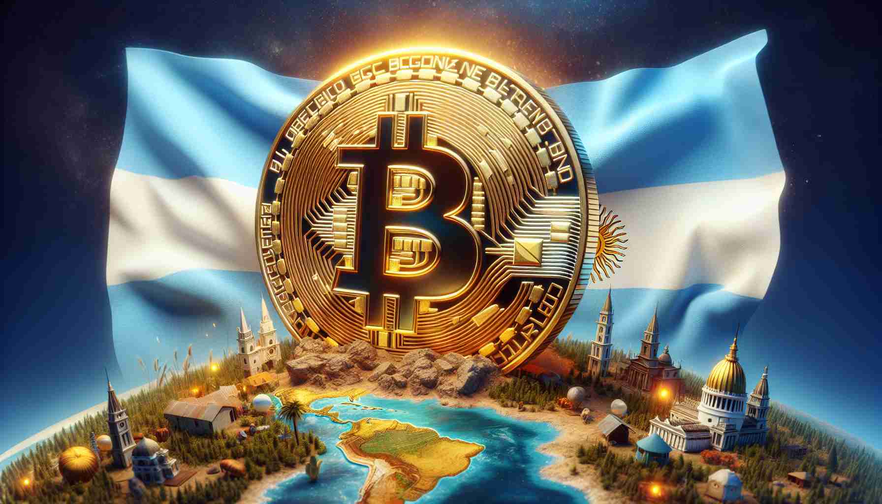 Realistically detailed high definition image of a symbolic representation of Argentina embracing Bitcoin. Picture this: a large, golden, shining Bitcoin logo emerging from the Argentine flag, representing the country's adoption of the cryptocurrency. Surrounding the scene are elements that embody Argentinian culture and landscape to ground the image in its setting. The Bitcoin logo glows, symbolizing its journey into the country's economic environment. Keep in mind, do not include any real people or sensitive information.