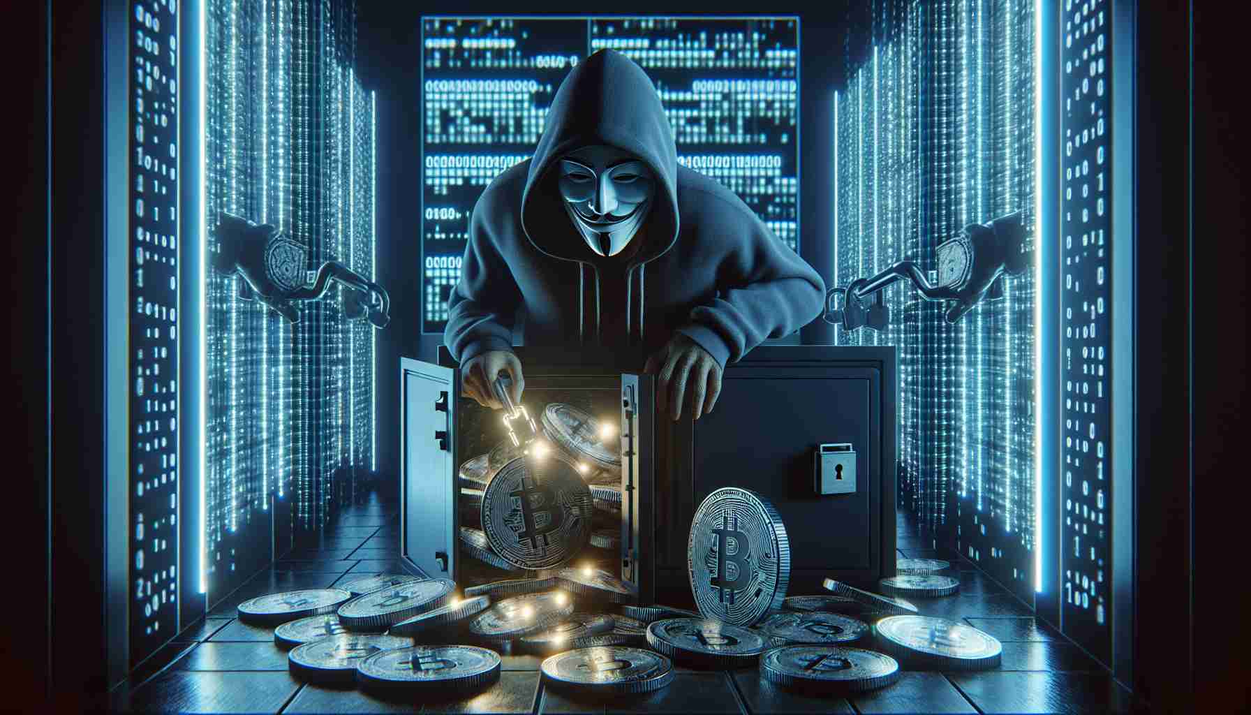 A high-definition, realistic depiction of an anonymous hip hop artist's digital presence being infiltrated in a large-scale cryptocurrency theft. The scene should be dramatic and anchored in cyber imagery, think grids, binary code, digital locks being broken, and crypto coins being stolen digitally from a safe.