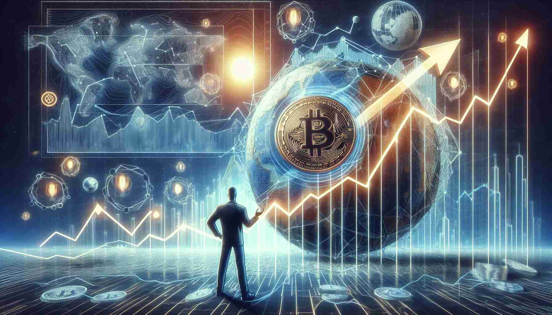 High definition, realistic visual representation of the concept 'Understanding the Bitcoin Market'. It should portray an expert confidently predicting an uptrend after miner capitulation. In the scenario, note that the 'expert' is abstract and could be personified as an animate object, human, or other entity. Surrounding details could include, dominant rising graphical lines suggesting uptrends, Bitcoin icons, and a feeling of optimism throughout.