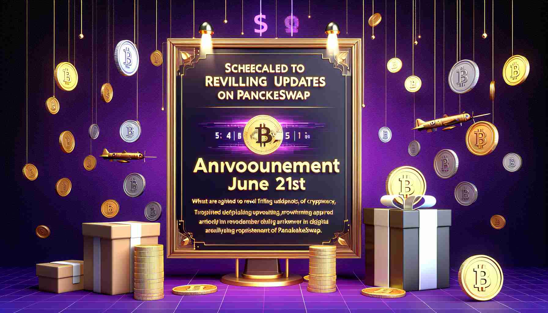 Create a high-definition, realistic image of an announcement banner for the PancakeSwap platform, displaying that they are scheduled to reveal thrilling updates on June 21st. Include a backdrop design relevant to cryptocurrency or digital artillery with prominence of gold and purple colours representative of PancakeSwap.