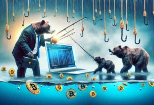 Create a realistic high-definition image showing the metaphorical setback of a decentralized autonomous organization. The scene should depict bearish betting symbols, represented by bears in business attire, implying a pessimistic market sentiment. Please include visual elements that represent phishing scandals, such as fishing nets or hooks entangled in a computer or email. The image should be striking and carry an atmosphere of caution and unease.