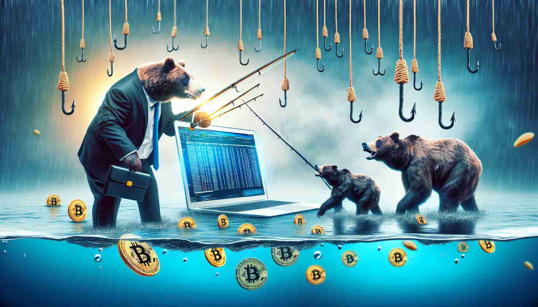 Create a realistic high-definition image showing the metaphorical setback of a decentralized autonomous organization. The scene should depict bearish betting symbols, represented by bears in business attire, implying a pessimistic market sentiment. Please include visual elements that represent phishing scandals, such as fishing nets or hooks entangled in a computer or email. The image should be striking and carry an atmosphere of caution and unease.