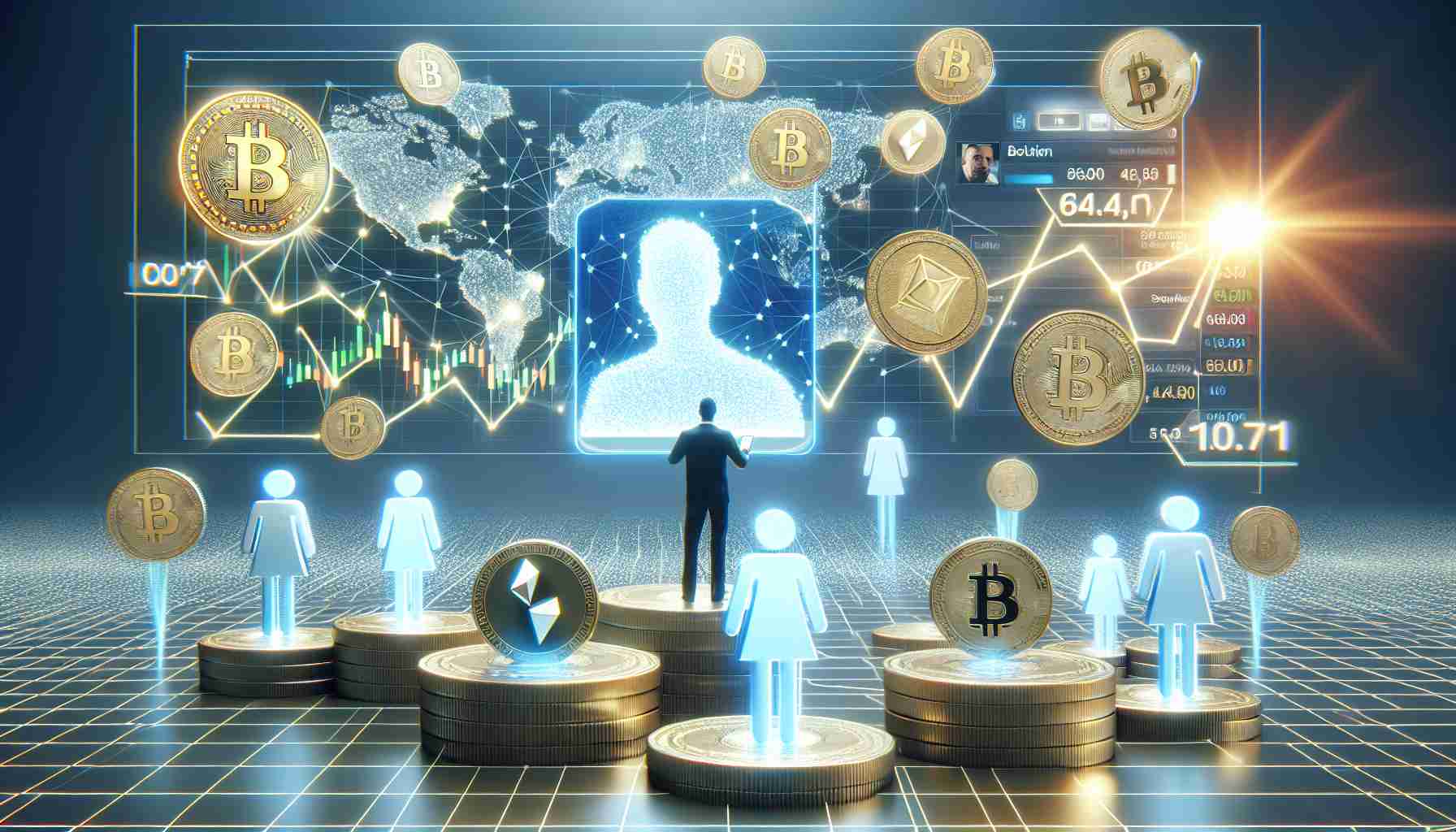 Realistic high-definition image displaying the impact of a famous technological entrepreneur's social media activity on cryptocurrency markets. The scene should depict a symbolic representation of social media platforms and cryptocurrency symbols fluctuating in response to various posts, making sure to omit any direct reference to specific real people or celebrities.