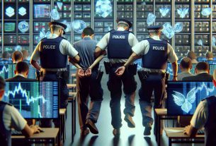 Generate a realistic and high-definition image of a tense scene in the United Kingdom where law enforcement officers of diverse descents and genders, are arresting suspects involved in a massive, illicit cryptocurrency operation. The officers are dressed in standard UK police uniforms with visible badges. The suspects appear confounded and terrified, being taken into custody amidst a room filled with computer screens showing fluctuating cryptocurrency prices. Illustrated without specific individuals or identifiable faces.