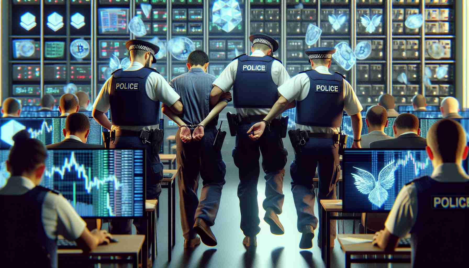 Generate a realistic and high-definition image of a tense scene in the United Kingdom where law enforcement officers of diverse descents and genders, are arresting suspects involved in a massive, illicit cryptocurrency operation. The officers are dressed in standard UK police uniforms with visible badges. The suspects appear confounded and terrified, being taken into custody amidst a room filled with computer screens showing fluctuating cryptocurrency prices. Illustrated without specific individuals or identifiable faces.