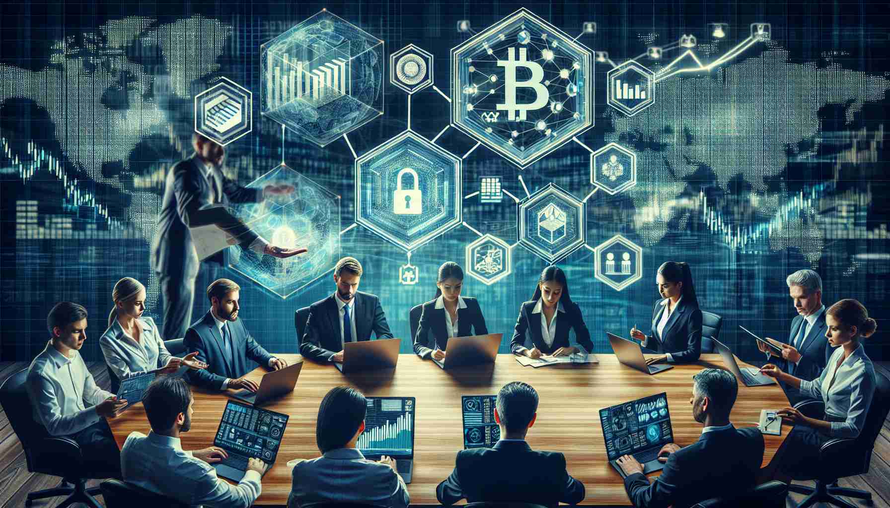 High-definition, realistic representation of the securities industry embracing distributed ledger technology. Imagine a financial landscape with diverse individuals of various descents and genders employing cutting-edge technology. Depict a Caucasian male stockbroker working on a laptop showing a blockchain diagram, a Middle-eastern female reviewing distributed ledger documents, and a South-Asian male giving a presentation on the advantages of DLT to his colleagues. Incorporate visuals that represent the global financial market such as stock market charts, digital screens displaying economic statistics and pertinent iconography.