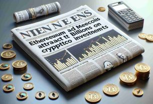 A realistic, high-definition image of a newspaper headline from May 2024 which reads, 'Ethereum and Memecoins Attract Billions in Crypto Investments'. Surrounding the headline are various aspects of a newspaper's front page such as bar graphs displaying the rise in investments, articles with teaser texts, and other related crypto news.