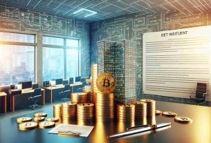 Producing a hyper-realistic digital image showcasing the abstract concept of MicroStrategy expanding their Bitcoin holdings through a debt instrument. The image features a symbolic representation of the company such as a towering skyscraper, with Bitcoins (depicted as physical gold coins with a Bitcoin symbol) piling up in a room. In the foreground, a document symbolizing the debt instrument, like a formal contract or a bond, is prominently displayed. The overall ambiance reflects the complexity and digital nature of cryptocurrency transactions.