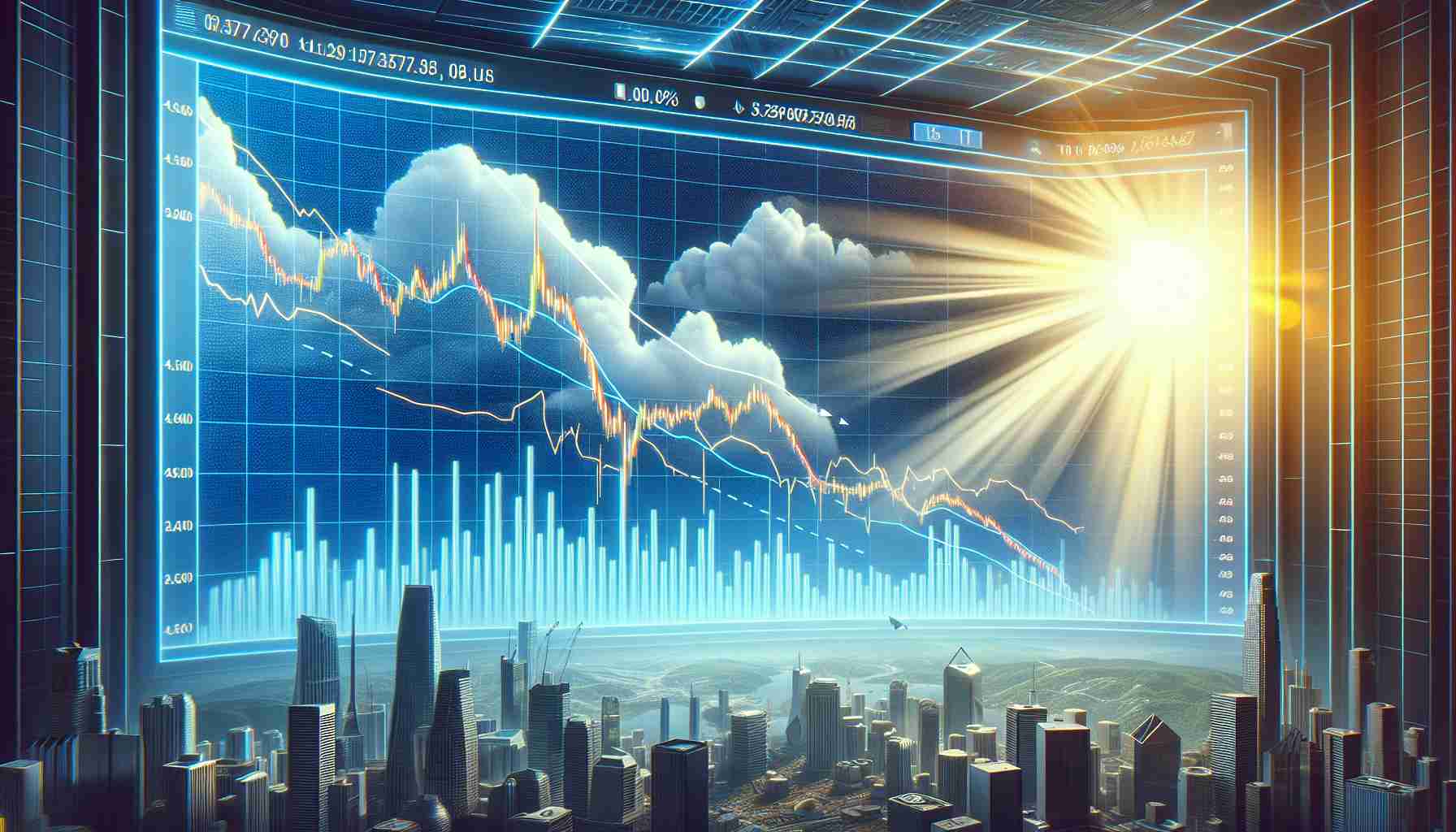 Create a high-definition, realistic image showing the sharp drop in value of a generic cryptocurrency, paired with an aura of cautious optimism regarding future recovery. This scene could be represented visually through a downward-sloping graph demonstrating the plunge in value, surrounded by hopeful rays of sunshine symbolizing the potential for upliftment. Please include a monitoring screen to showcase these graph trends and sentiment.