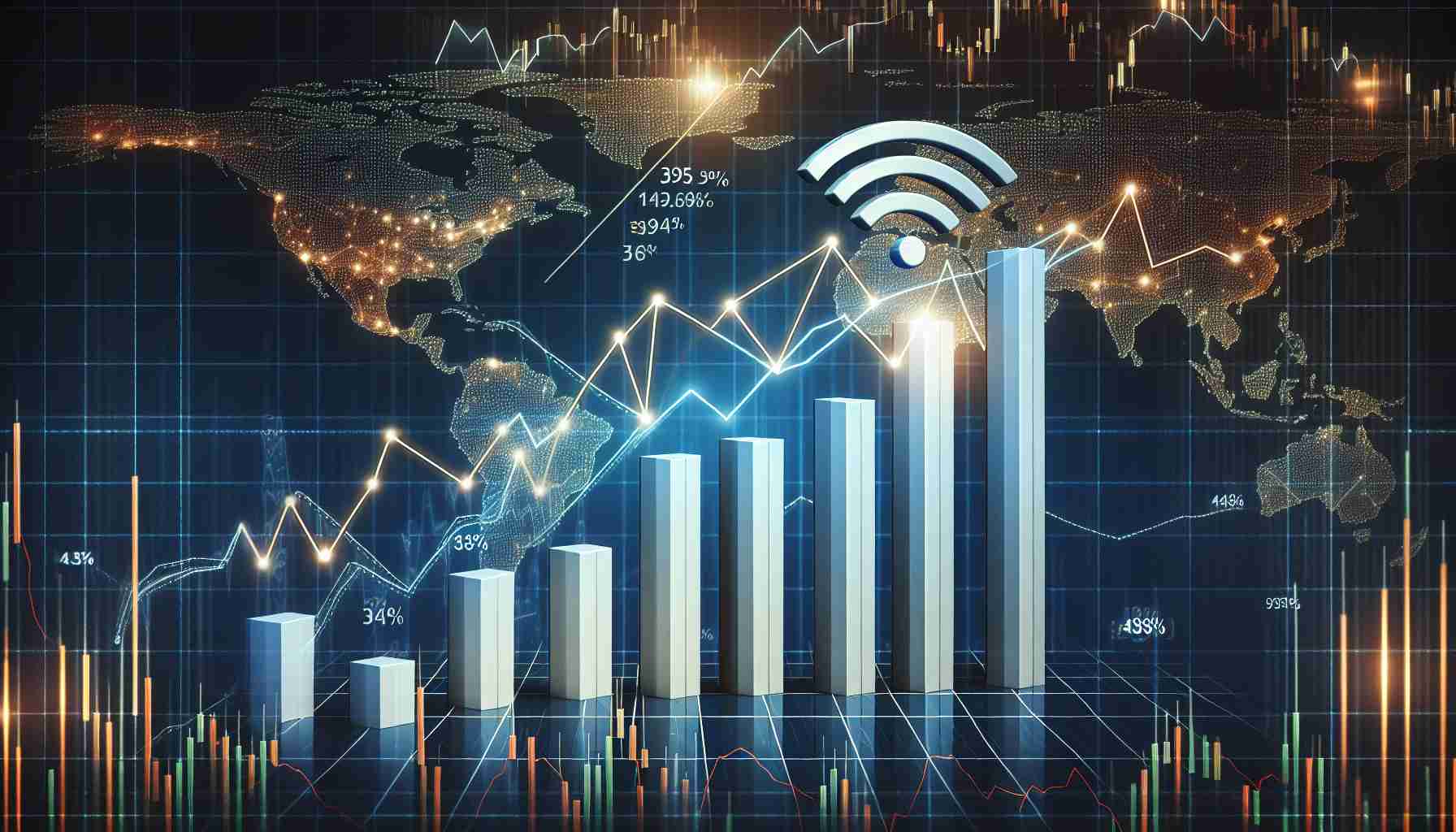 High definition image realistically representing the rise of a conceptual Wi-Fi signal indicator graphics by 34% with the backdrop of a stock market chart. The graphics breaks the key resistance line in the chart, symbolizing a remarkable improvement.