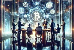 Generate a hyper-realistic, high-definition illustration of a scene involving a blockchain advocacy group. This group should stand in a modern office setting, adorned with futuristic technology and cryptocurrencies symbols. They're engaged in a deep discussion, challenging the provisions of a governmental taxation agency (represented metaphorically, perhaps by large daunting documents or a symbolic icon). The ambiance should be intense, reflecting the seriousness of the situation.